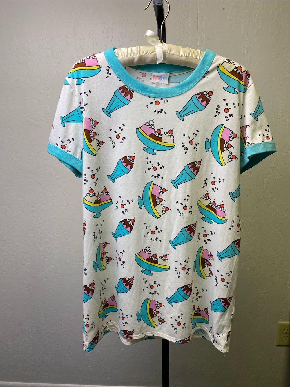 LuLaRoe Kids Ice Cream & Sundae Pajama Top - White with Aqua Trim